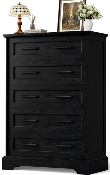 Tall Dresser, Farmhouse 5 Drawers Dressers, Black