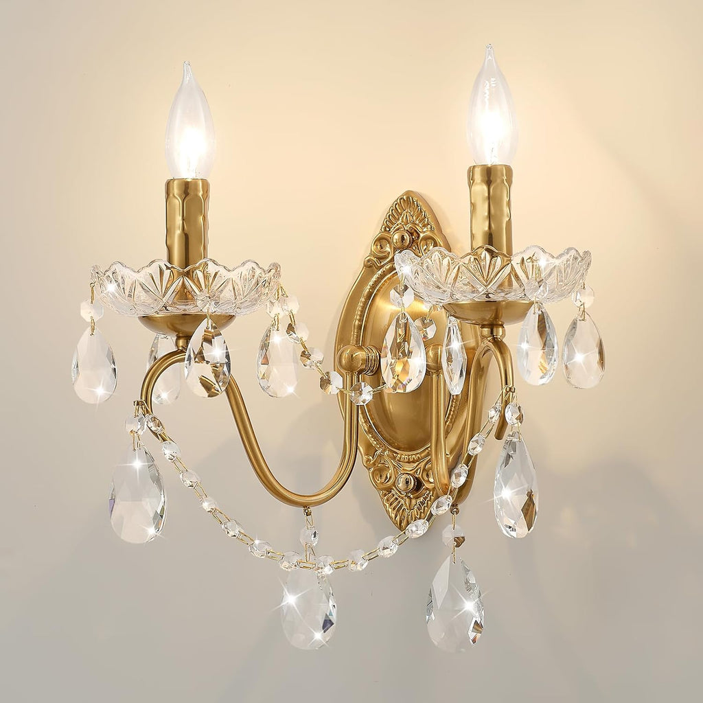 Crystal Wall Sconce Set of 2, Crystal wall sconces, Vintage wall sconces, Gold Brass Finish with Glass Drops, for