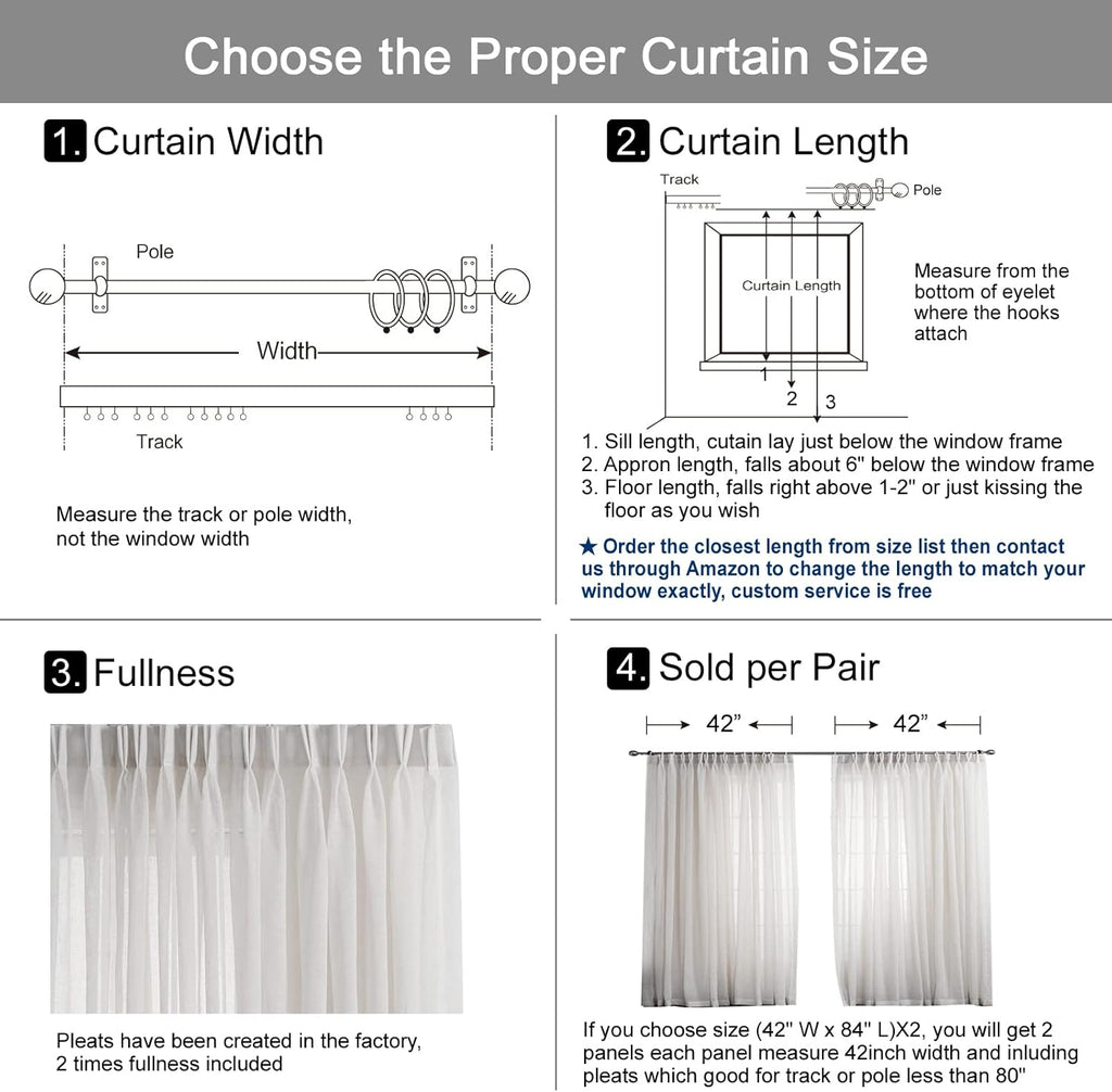 Sheer Curtains 96 inches Long, Faux Linen Double Pleated Window Sheer Curtains Panels Drapery for Home, Hotel, Office