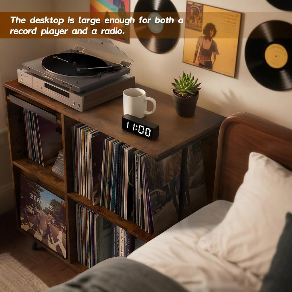3 Tier Record Player Stand with Flip-Down Record Shelf, Rustic Brown