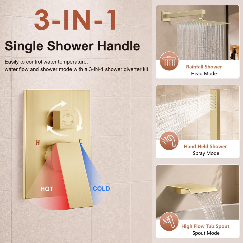 Rain Shower System with Tub Spout,10 Inch Brushed Gold