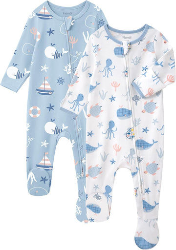 Sleepers 100% Cotton Footie Pajamas, 0-3 3-6 with Way Zipper, 2pcs PJs Baby Boy Clothes