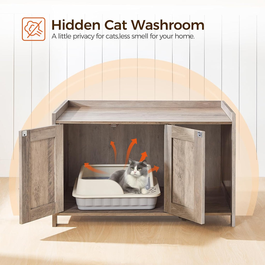 Cat Litter Box Enclosure, Hidden Litter Box Furniture with Divider, Indoor Cat House, Wooden Cat Washroom Storage