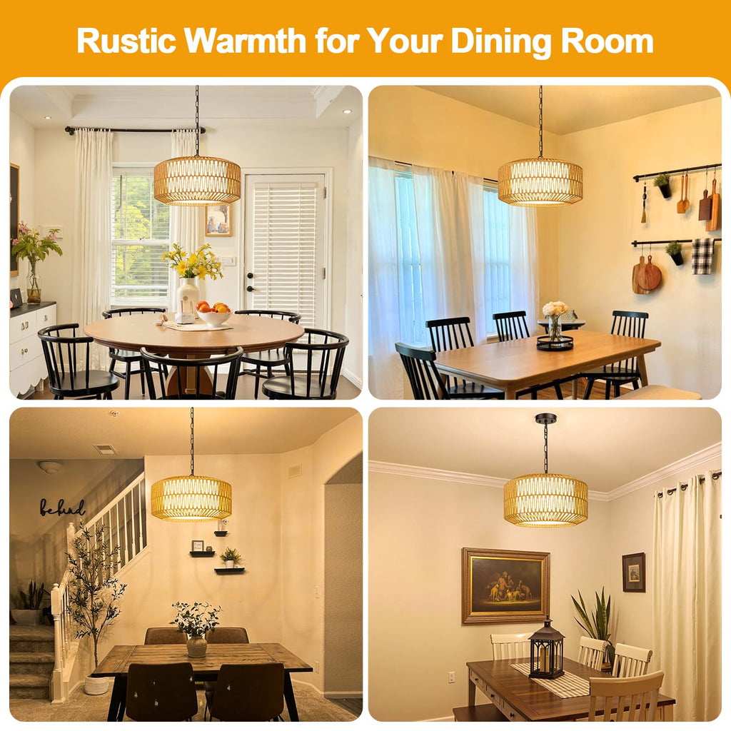 19" Rattan Chandelier, Boho Dining Room Light Fixture