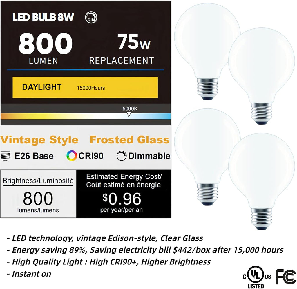 G25 LED Globe Light Bulbs, 75W Equivalent 800 Lumens, E26 Base, Dimmable Daylight 5000K, Edison Vanity Light Bulbs