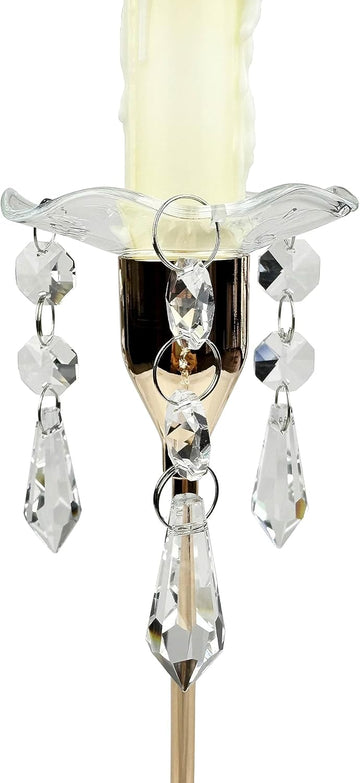 4 Pieces Bent Glass Candle Bobeches with Crystal Prisms Pendant, Taper Candle Wax Catcher Rings