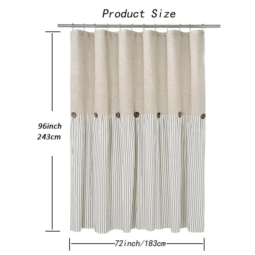 Ides Farmhouse, Beige and Gray Stripe, Button Curtain, Linen and Cotton Woven Fabric, Rustic Charm Country Chic