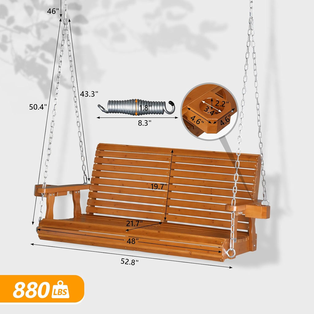 XL 4 FT Pro Wooden Porch Swing with Cup Holders, 880 LBS, Brown | Heavy-Duty Wood Frame; 880-Lb Capacity; Cup Holders