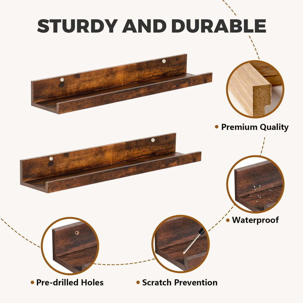 24" Wood Floating Shelves Wall Shelf with Lip, 2Pcs, Brown