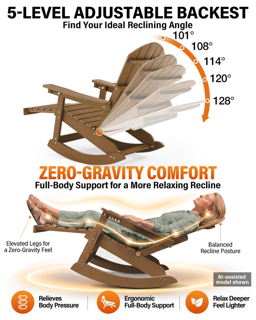 Adirondack Rocking Chairs Set of 2, with Footrest, 5-Level Adjustable