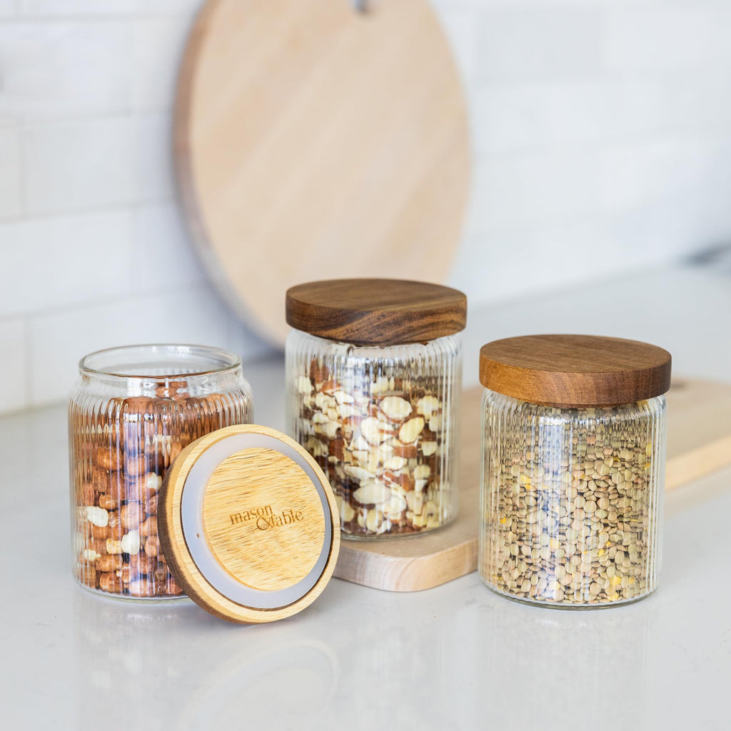 Ribbed Glass Jar with Wooden Lid 17oz, Set of 3 | Airtight Fluted Storage Canisters for Food, Tea, Coffee