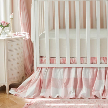 Gingham Gathered Crib Skirt, Baby Boy, Baby Girl, Gender Neutral Crib Skirt, 100% Cotton, 4-Sided, Light Pink Plaid
