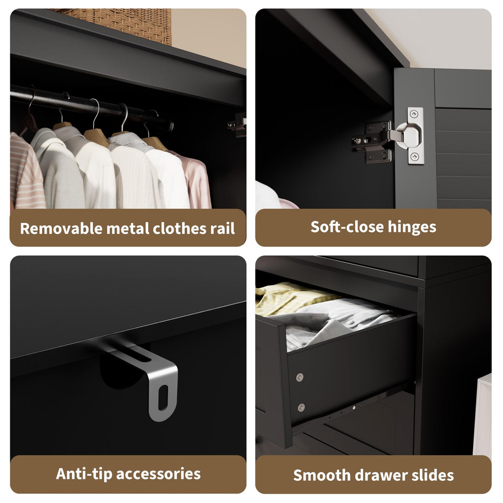 70" Wardrobe Armoire Wooden Closet with 3 Drawers, Black