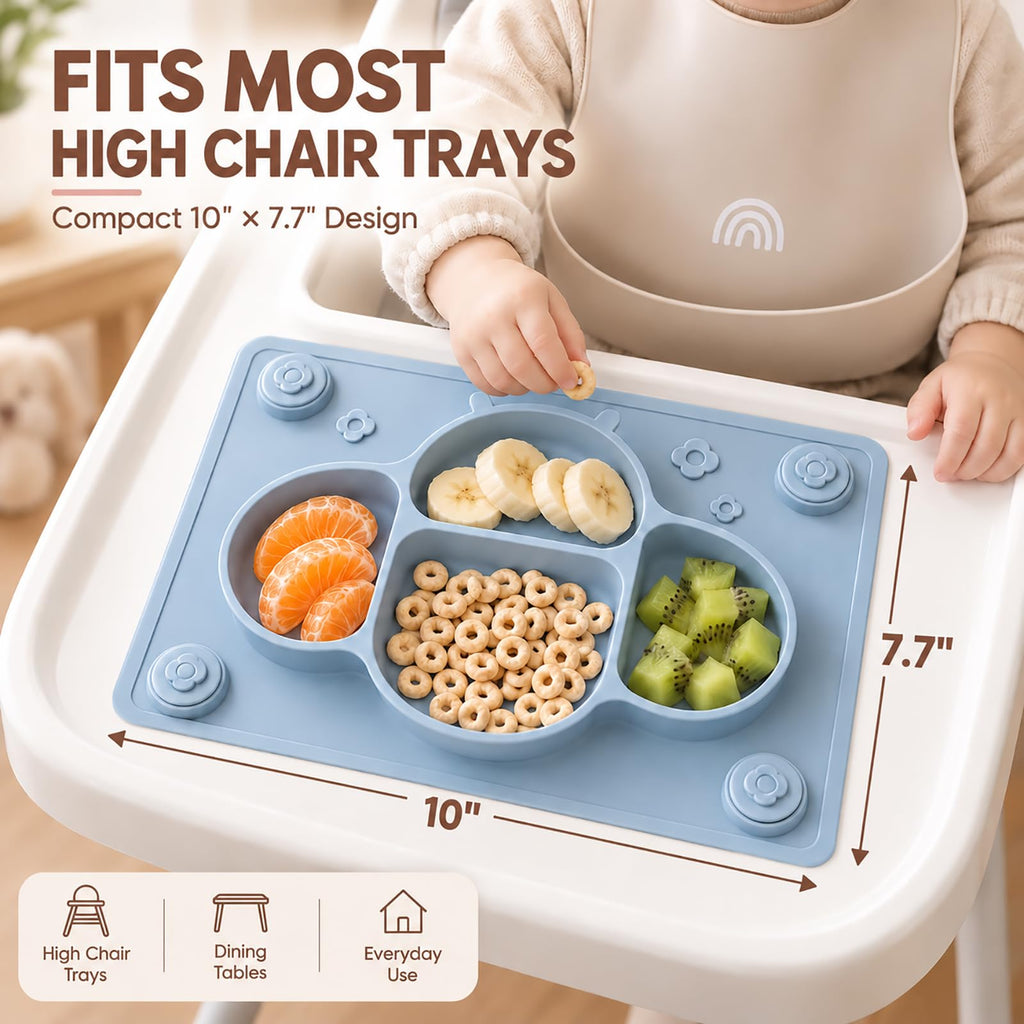 Suction Plates for Baby Placemat Spoon Fork Set for Toddlers, Silicone Baby Plates with Suction Baby Dishes for Kids