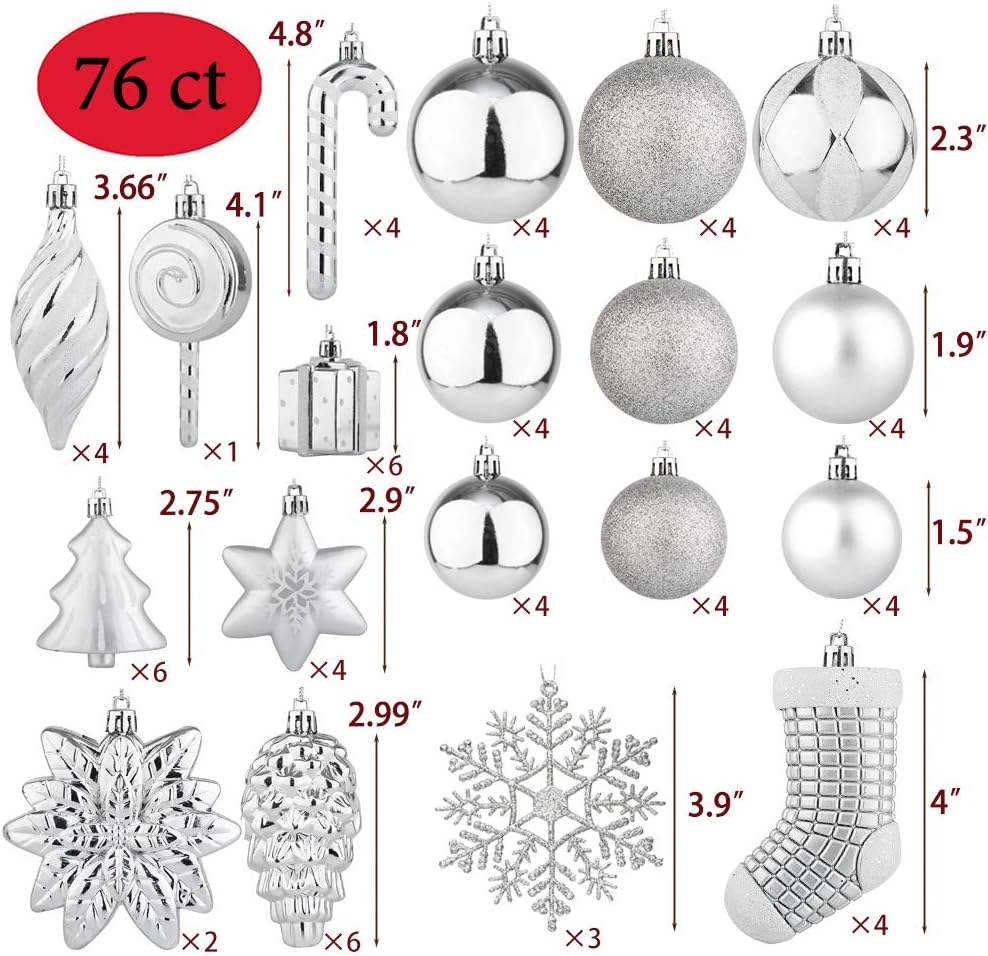 76ct Christmas Tree Ornaments Set,Silver Shatterproof Christmas Balls Decorations,Xmas Decorative Hanging
