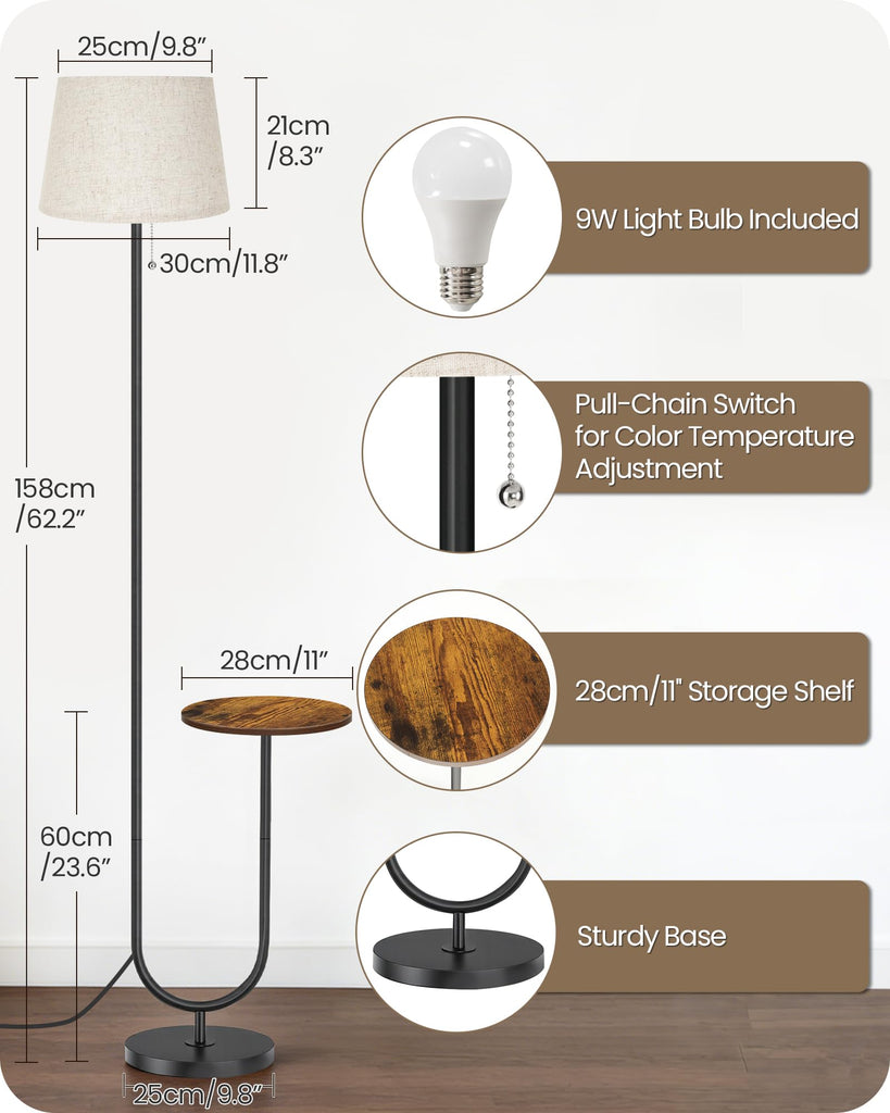 Floor Lamp with Side Table, Standing Lamp with Tray, Pull-Chain Switch, 3 Color Temperatures, 9W LED Bulb Included