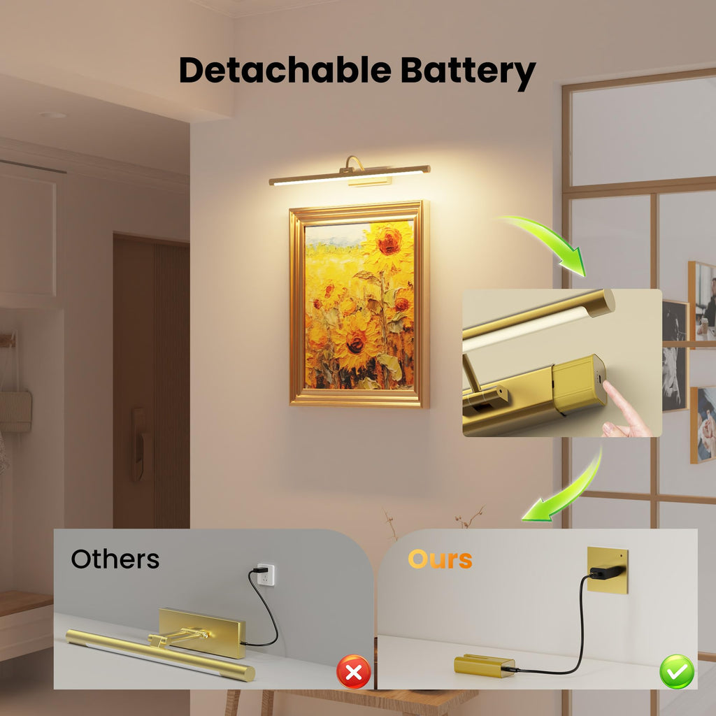 24" Picture Frame Light with 1pcs Extra 8000mAh Battery - Brass Cordless Rechargeable Wall Sconce with Remote & Large