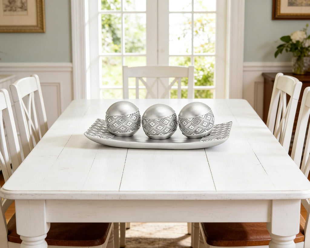 Silver Decorative Orbs with Tray Set, 3Pcs Resin Decorative Balls with Tray, Modern Accent Sphere for Coffee Table