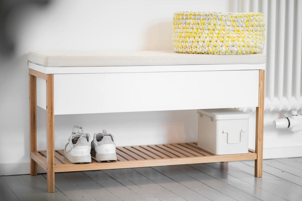 Shoe Bench with Storage Compartment Model Finja, Bench with Seat Padding, Storage Space and Shoe Rack in Scandi Chic