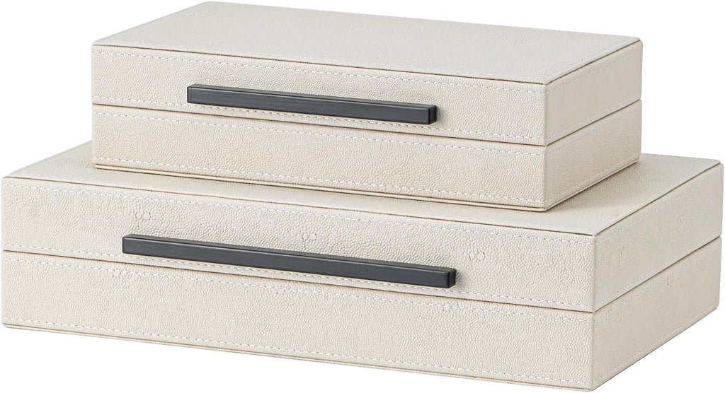 Beige Shagreen Decorative Storage Boxes with Black Metal Handles -Faux Leather Large Modern Stackable - Set of 2