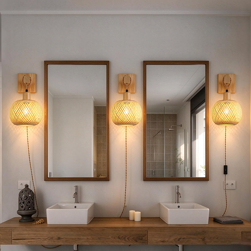 Woven Rattan Plug in Wall Sconce, 15 RGB Dimmable Boho Light, Wood