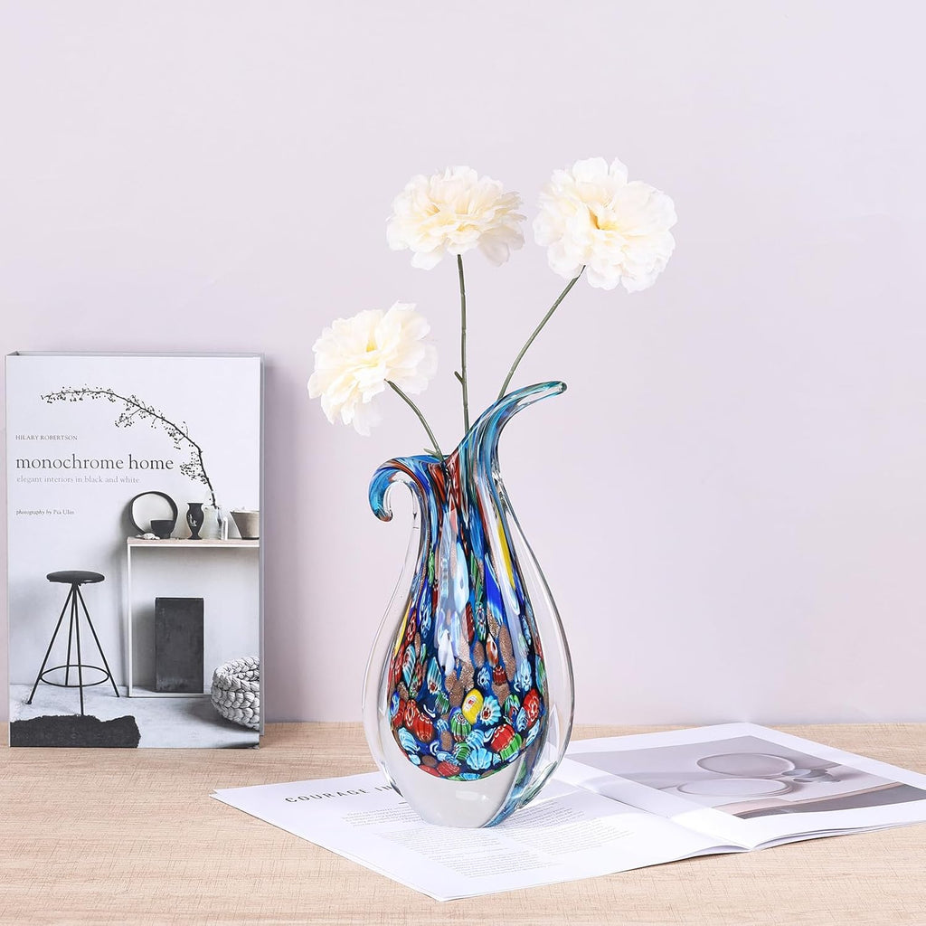 Hand Blown Glass Vase for Centerpiece, Murano Style Table Decoration, Blue Blown Art Glass Ellipse Flower Vase