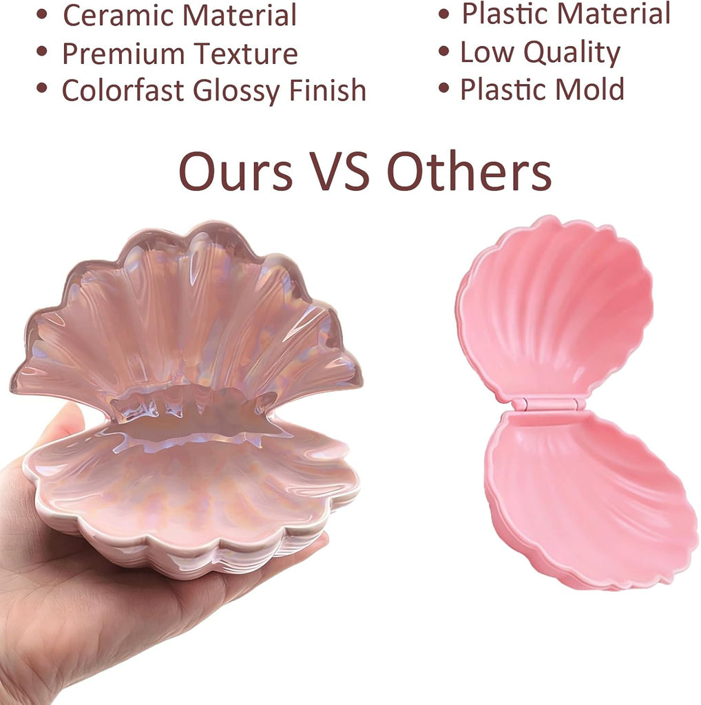 Ceramic Seashell Jewelry Tray Ring Dish - Pink Decorative Bowl for Vanity Dresser, Coastal Trinket Dish Holder