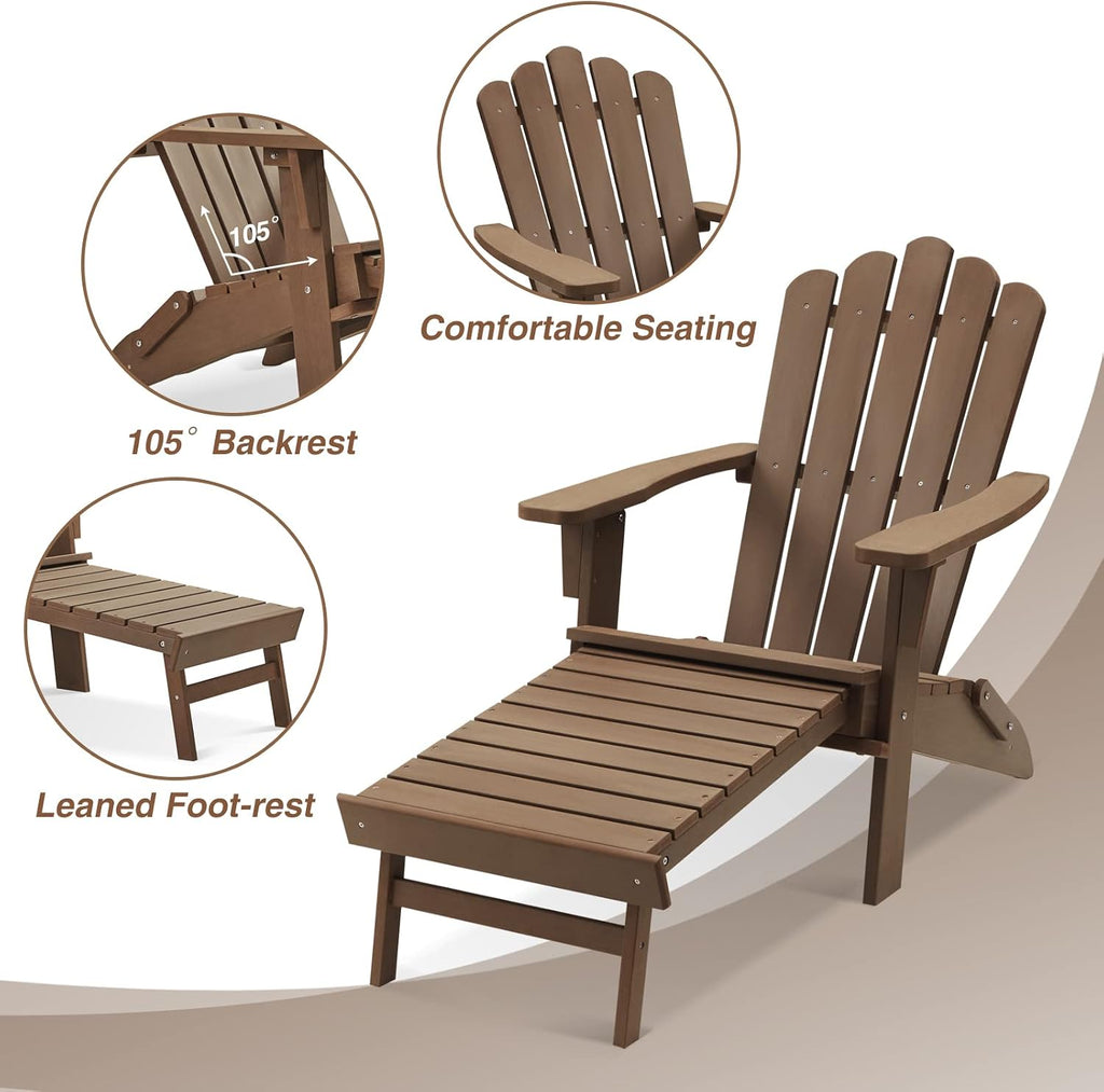 Folding Adirondack Chairs with Retractable Ottoman, Dark Brown | 350Lbs Support, All-Weather Resistant, Patio Chairs