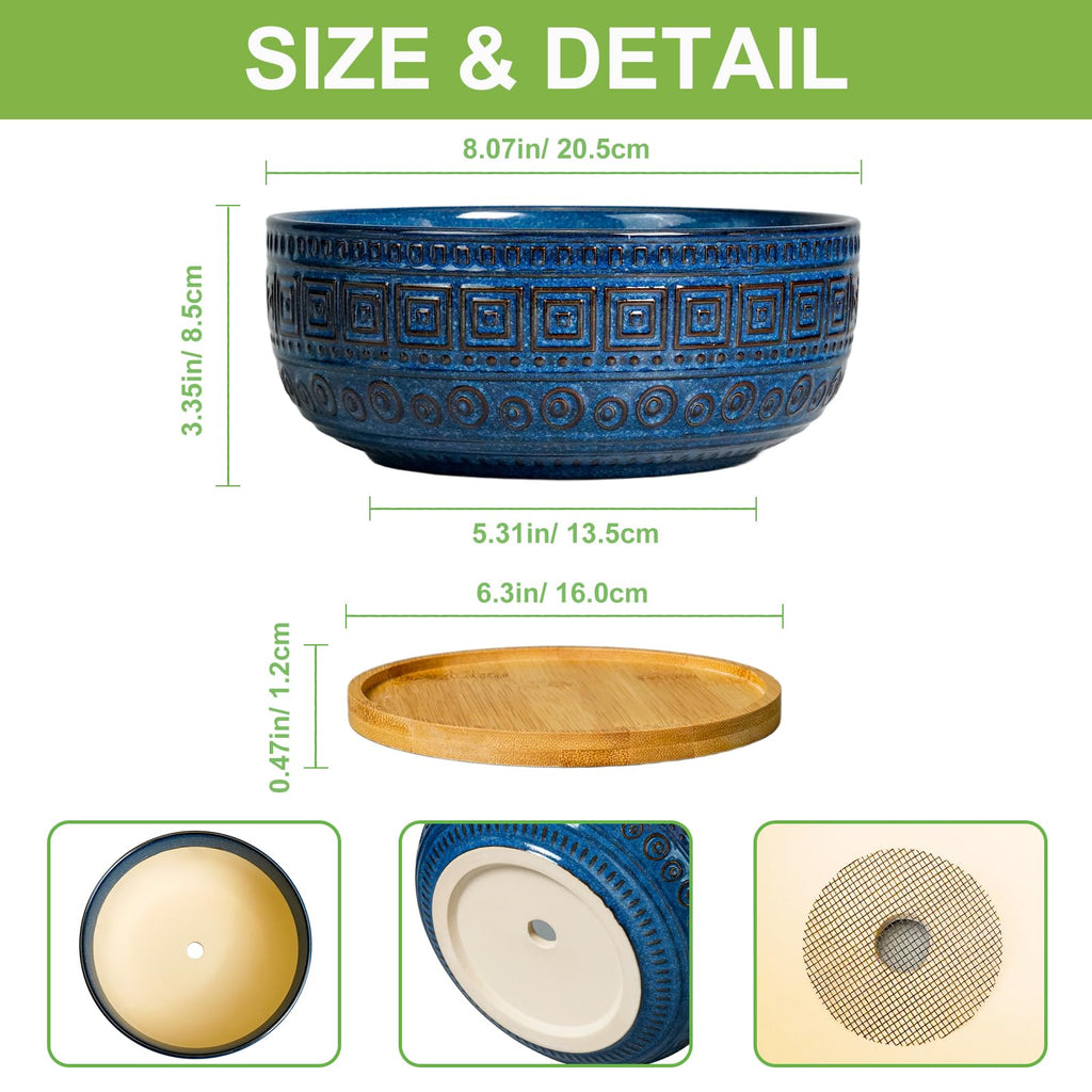 Bonsai Pots 8 Inch - Ceramic Succulent Pots, Round Planter for Indoor Plants, Modern Outdoor Planter with Drainage
