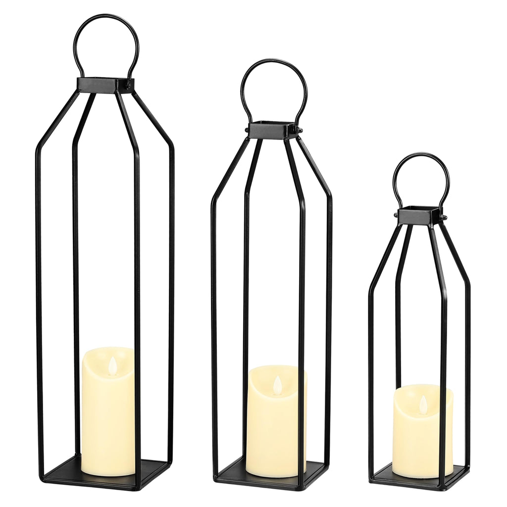 Modern Farmhouse Lanterns, Set of 3 Black Metal Lanterns w/ 6hr Timer Flickering Flameless Candles, Decorative for