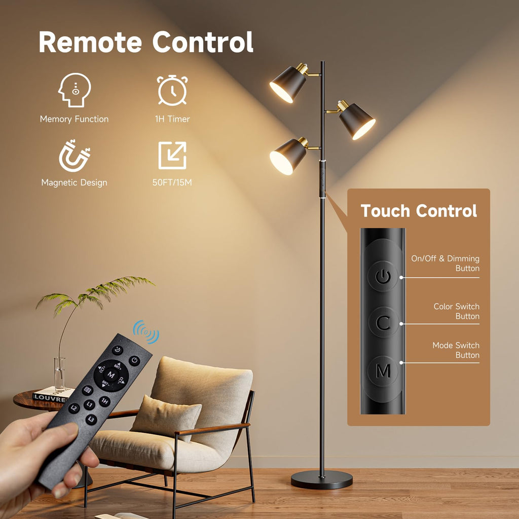36W LED Tree Floor Lamp, 3 Rotatable Lights Standing Lamps