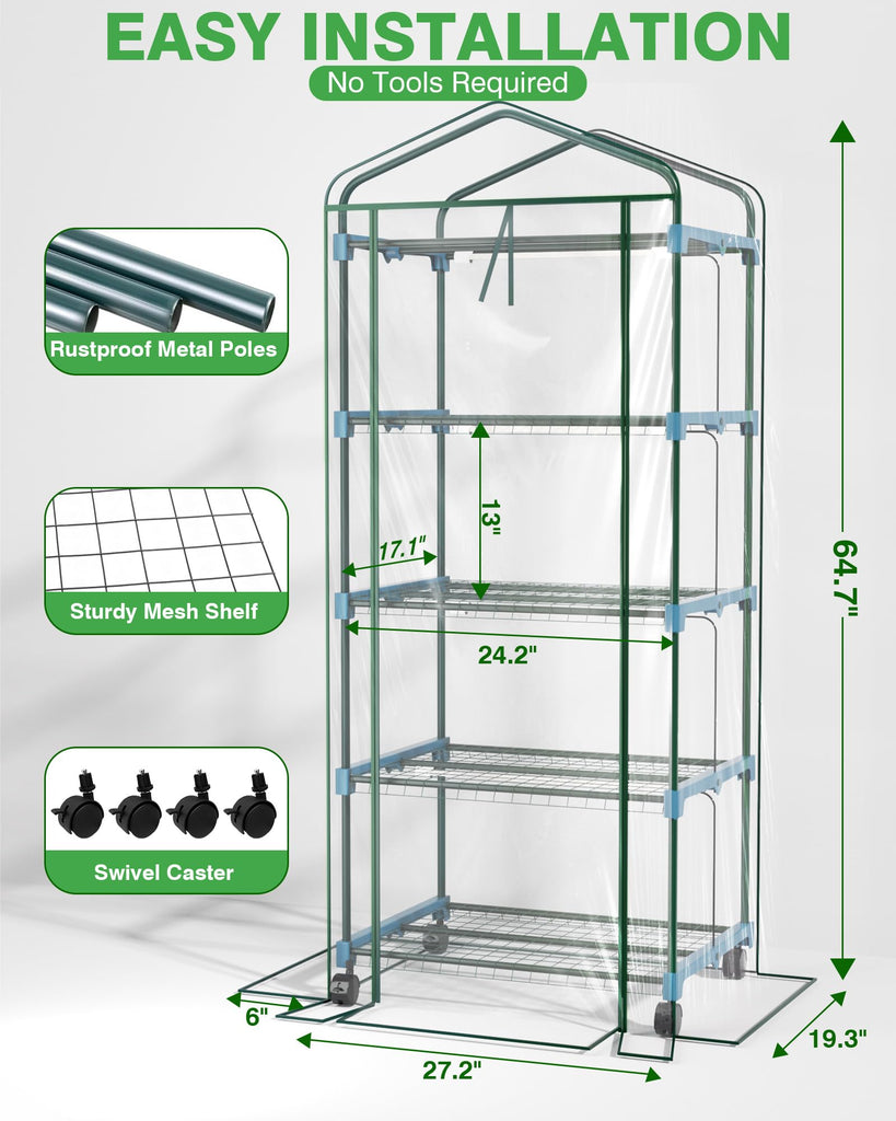 Mini Indoor Greenhouse with Grow Light - Small Portable Outdoor Plant Green House Cabinet with Wheels, Thermometer