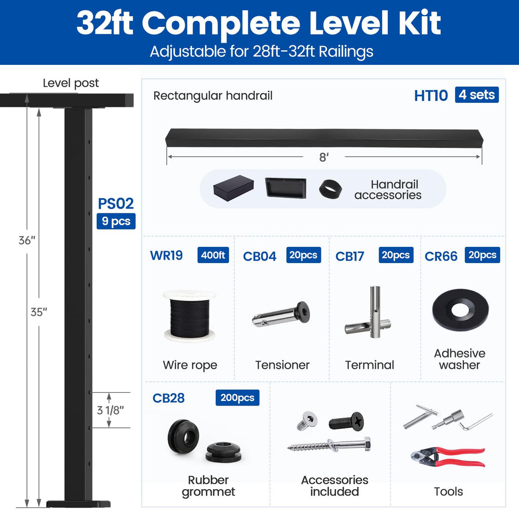 28-32ft Black Complete Cable Railing Kit for Decks 36in RC01