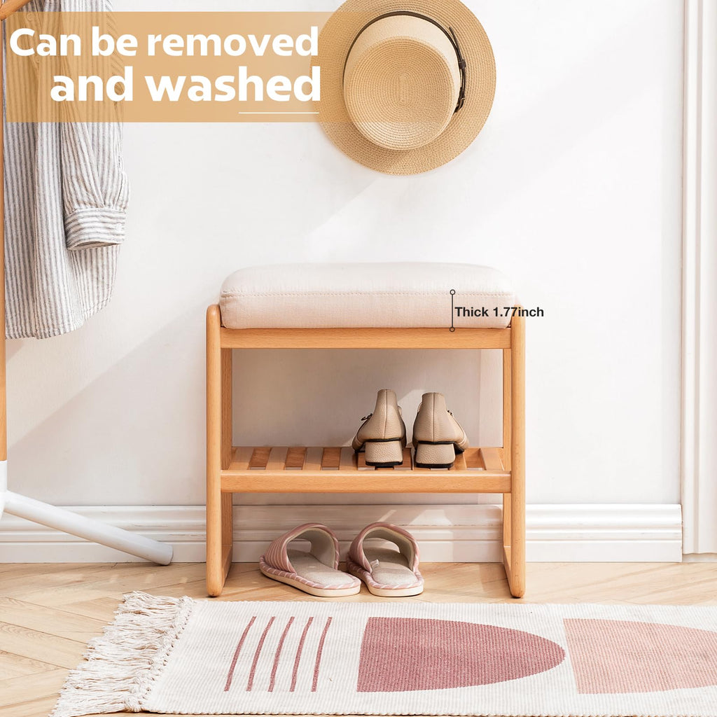 Solid Wood Shoe Bench, Shoe Rack Bench Assembled with Cushion, Beech Wood, 11.8" x 23.6" x 16.5", Natural
