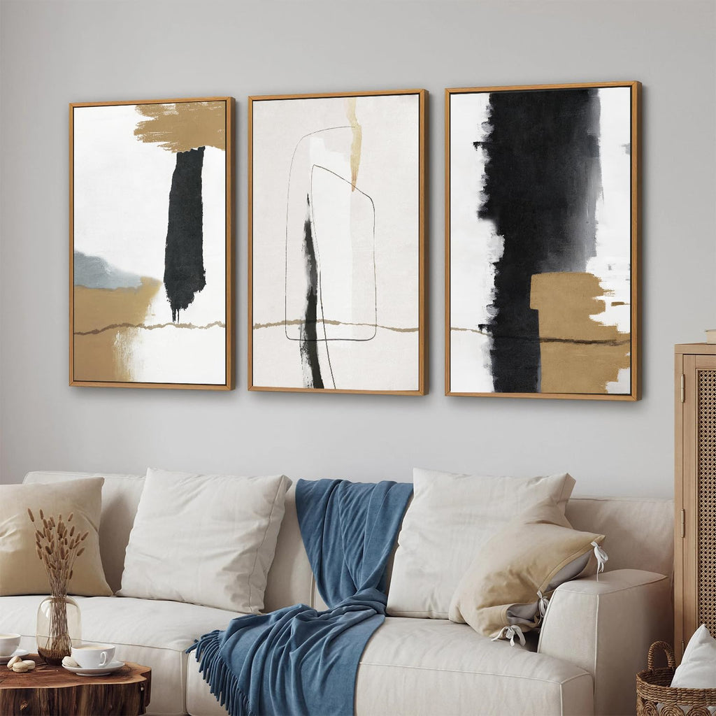 Black and White Abstract Framed Canvas Wall Art Set of 3, Beige Neutral Art Prints, Minimalist Modern Wall Decor