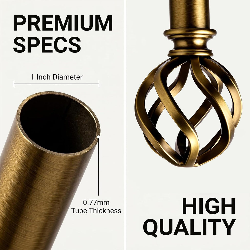 Brass Curtain Rods, 1 Inch Modern Drapery Rods, Adjustable Heavy Duty Curtain Rod, with Twisted Cage