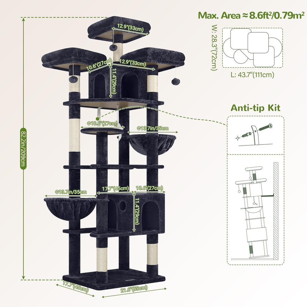Cat Tree Tower for Multiple Adult Cats, 82in, Dark Grey