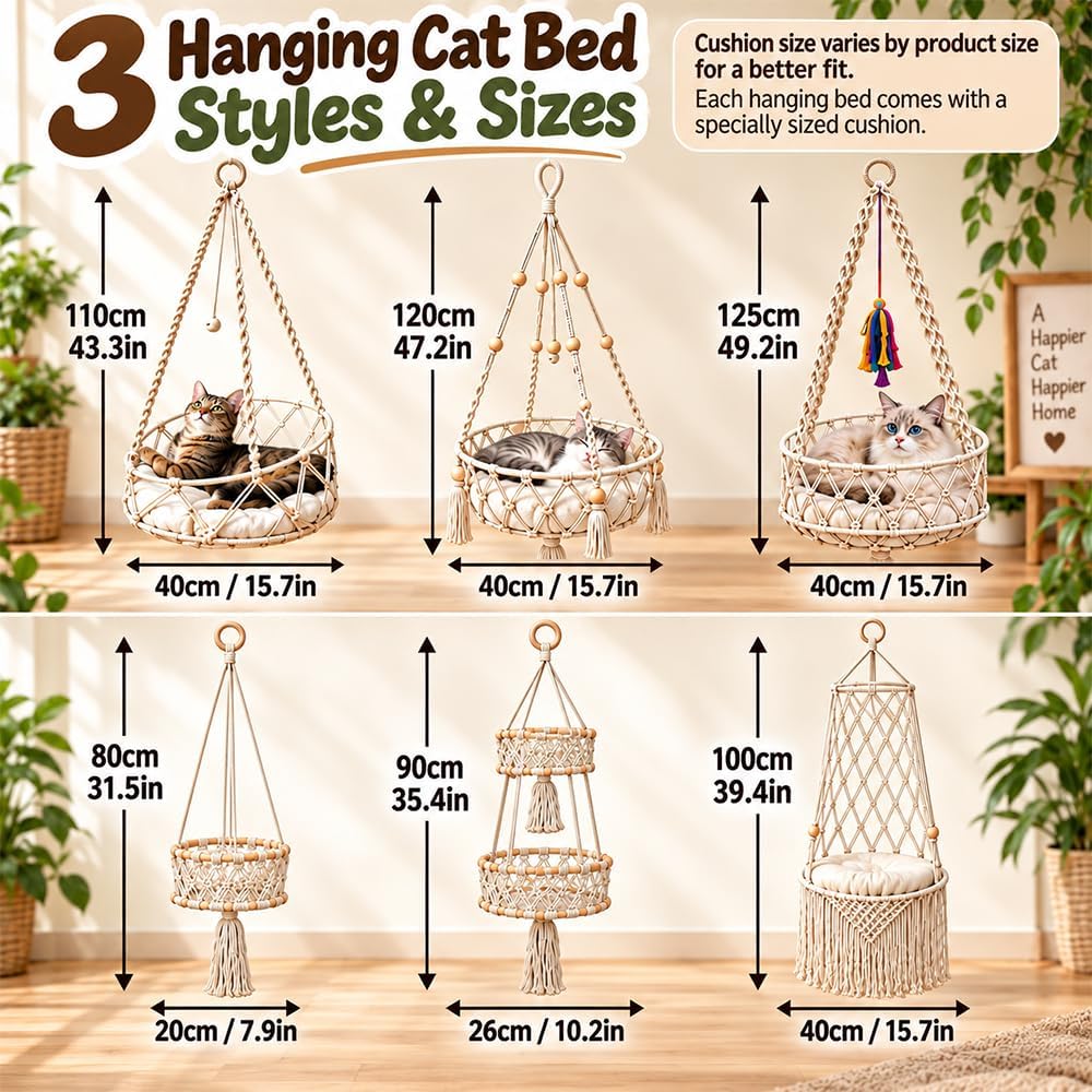 Boho Hanging Cat Bed, Macrame Cat Hammock Basket with Cushion Hook.