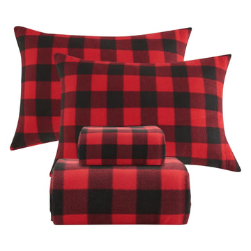 Fleece Sheet Set, Soft Plush Bed Sheets, 4-Piece, Red Buffalo Plaid