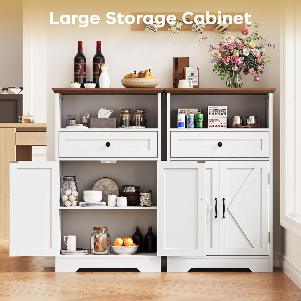 Floor Cabinet, Farmhouse Storage Cabinet with Barn Doors and Drawers White