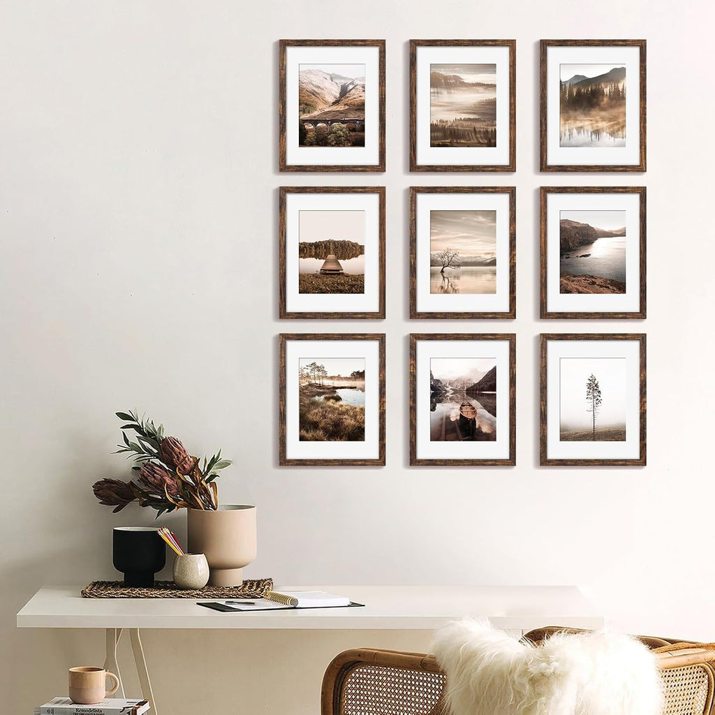 11x14 Picture Frame Set of 9, Photo Gallery Wall Frame Set, Display Pictures 8x10 with Mat or 11 x 14 Without Mat