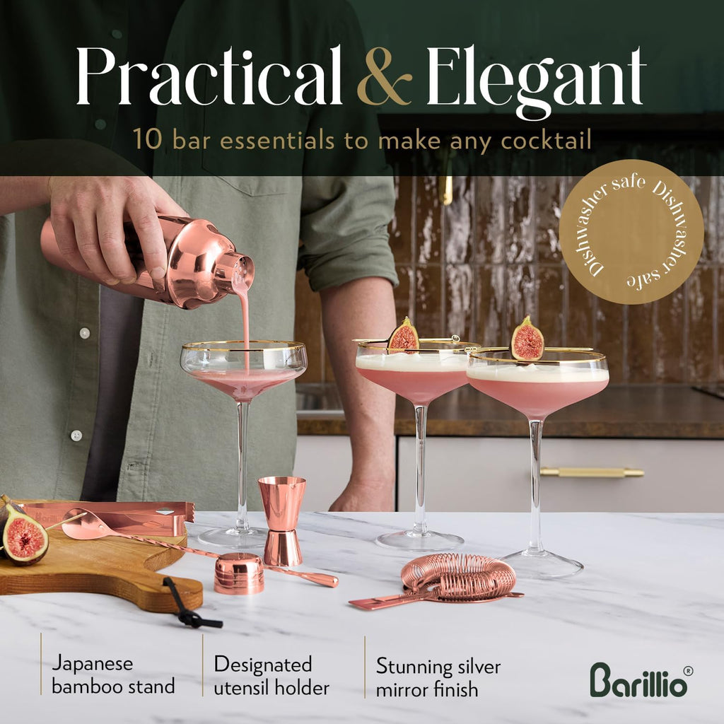 Rose Gold Bartender Kit - Stainless-Steel Cocktail Shaker Set w/Bamboo Stand - Mixology Bar Tools w/Shaker, Drink