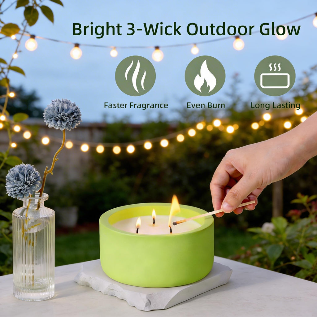 Large Citronella & Lemon Candle Outdoor, 3 Wick 20oz Scented Candle Indoor, Non Toxic Soy, Green Ceramic Jar, Deck