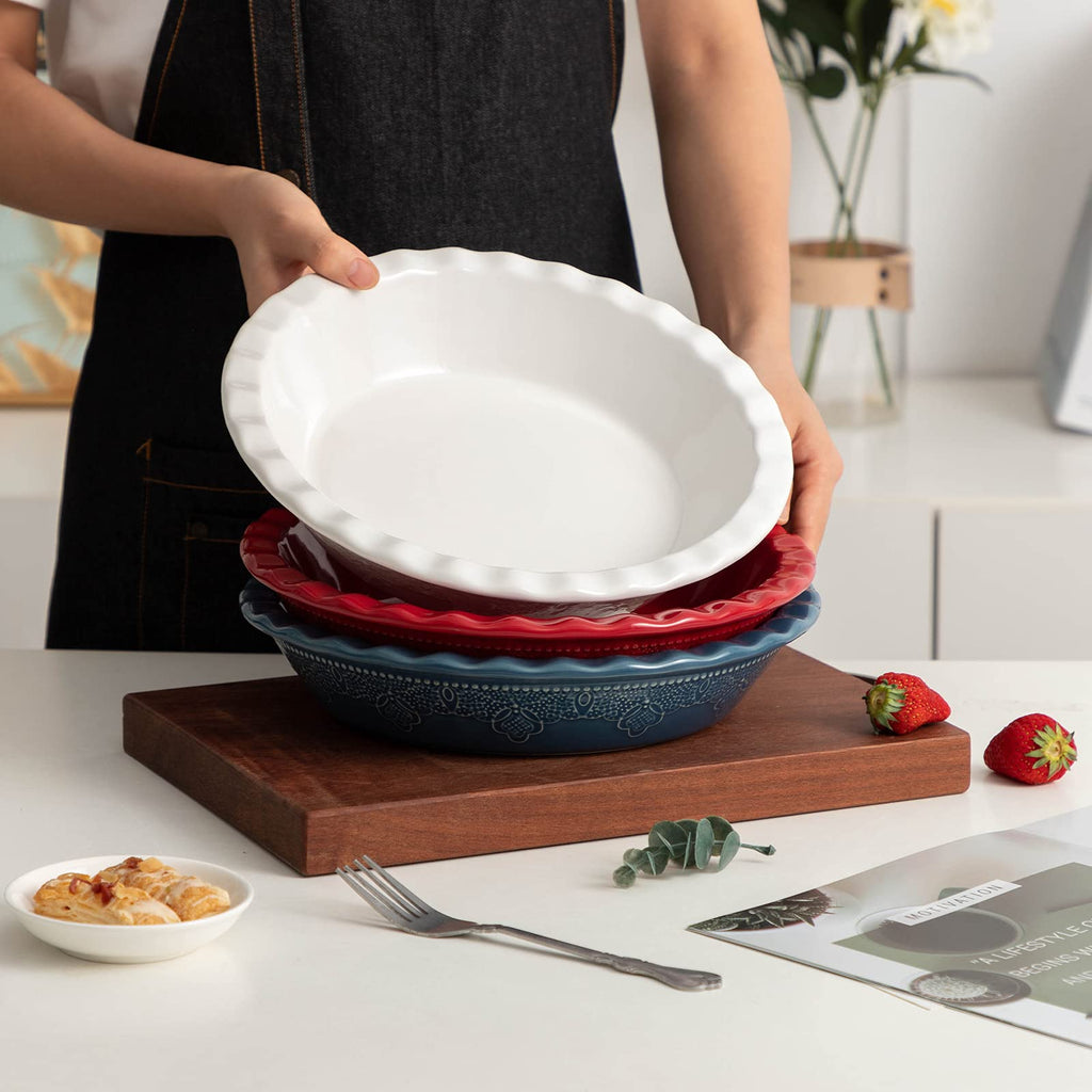 Pie Pan, 9 Inch Ceramic Pie Dish, Deep Dish Pie Pan with Lace Emboss, Ruffled Pie Plate for Baking, Thanksgiving