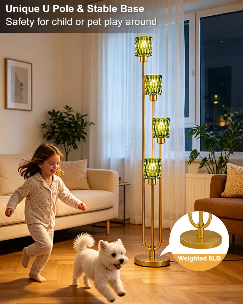 Vintage 4-Light Green Glass Floor Lamp, Dimmable Gold Standing Tall Lamp for Reading, Mid Century Modern Floor Lamp