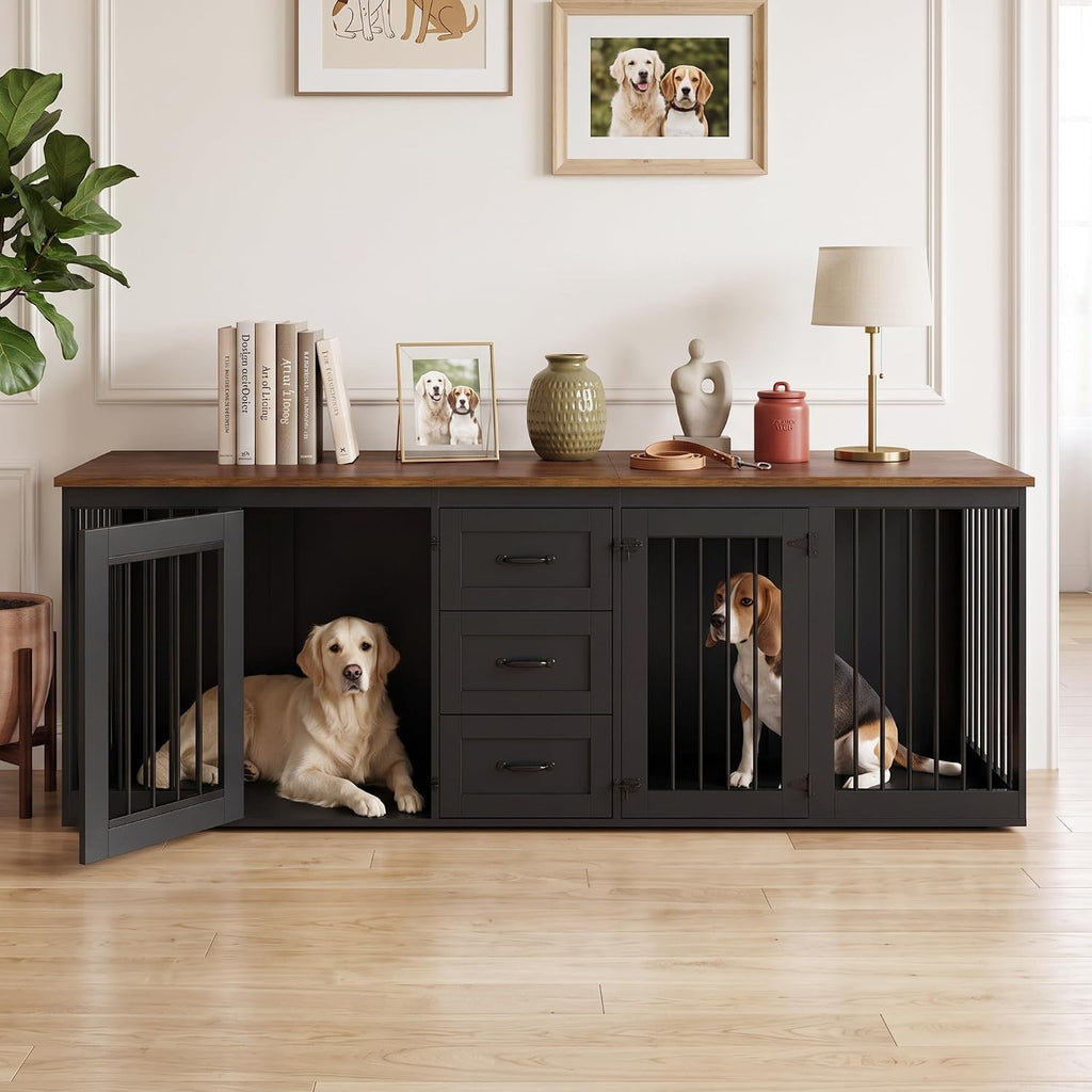 Double Dog Crate Furniture with 3 Drawers, Dog Kennel Indoor