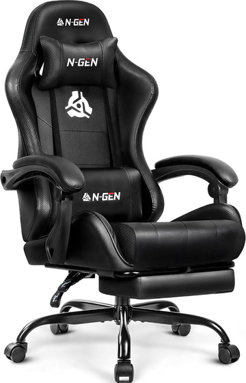 Gaming Chair with Footrest, Lumbar Support, High-Back, Black