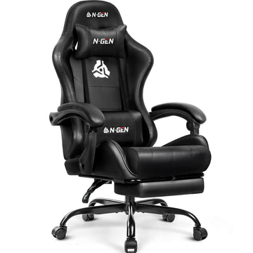 Gaming Chair with Footrest, Lumbar, High-Back, All Black