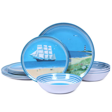 Outdoor Melamine Dinnerware Set for 4, 12-Piece Sailboat Plates and Bowls