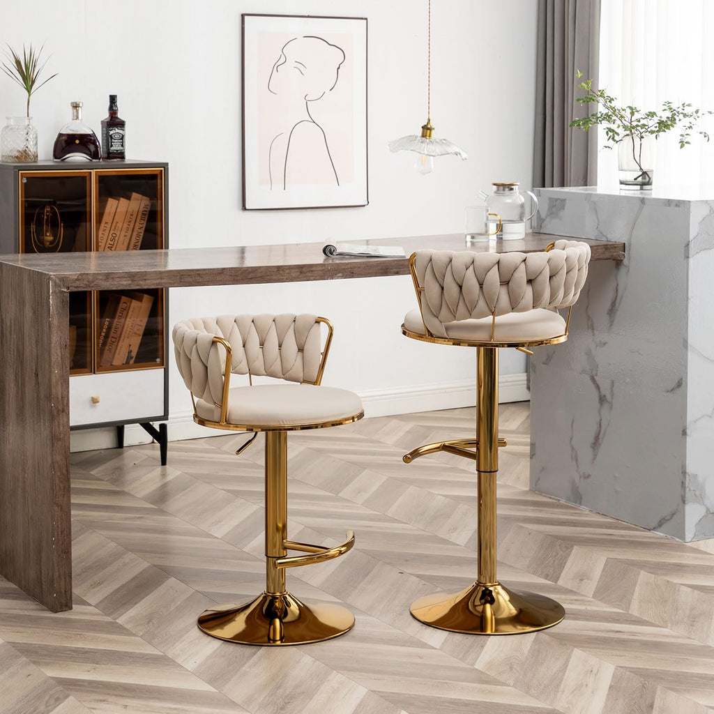 Gold Velvet Bar Stools Set of 4, Counter Height Barstools with Low Back, Swivel Bar Stool Island, Pub (Beige)
